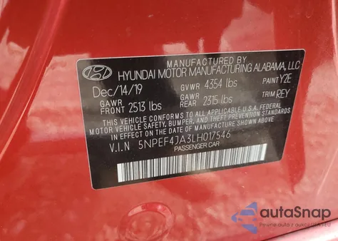 2020 Hyundai Sonata Sel z USA, uszkodzony, nr VIN 5NPEF4JA3LH017546